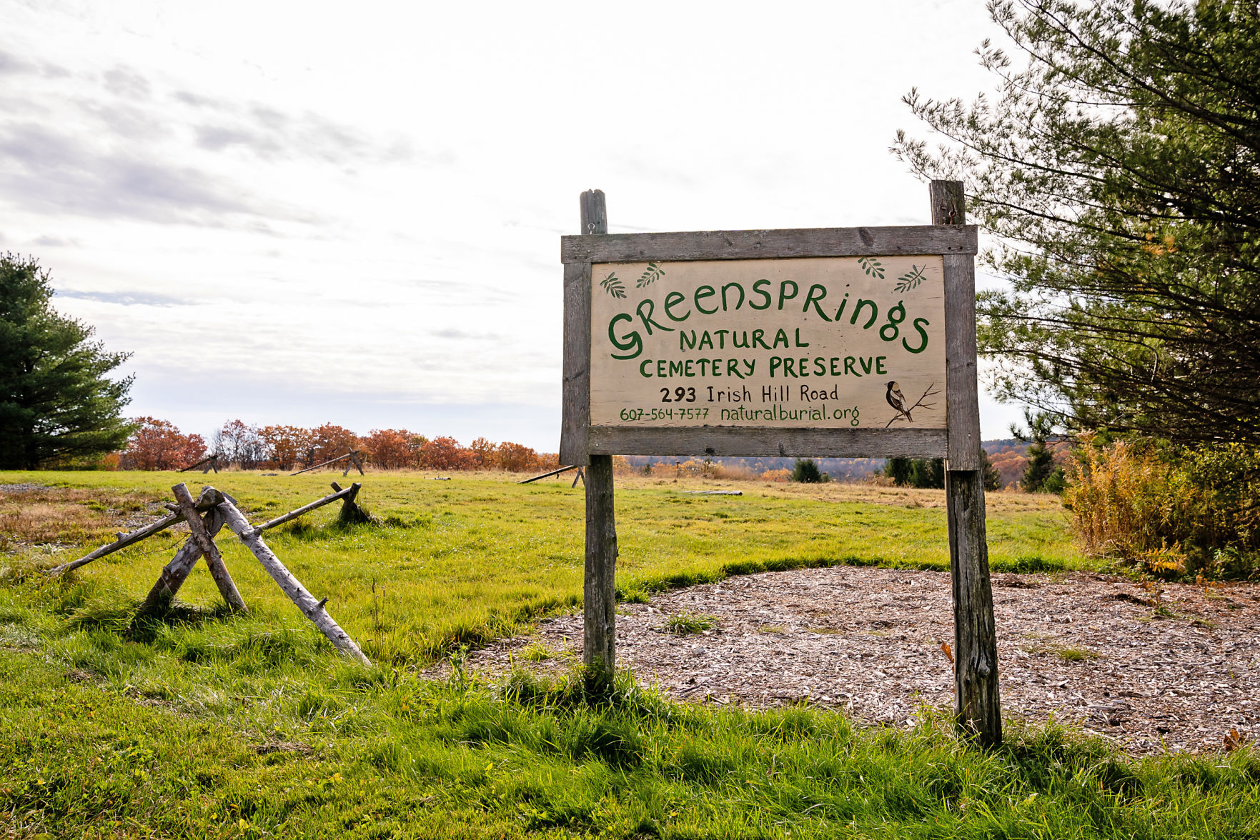 The sign for Greensprings Natural Cemetery in Newfield, which offers natural burials.